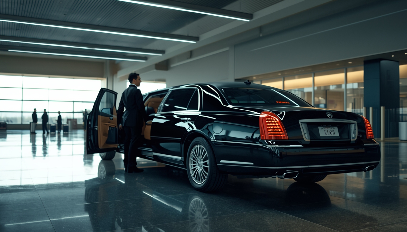 lucid origin a luxury black limousine arriving at a modern u.s. airport terminal professional 0
