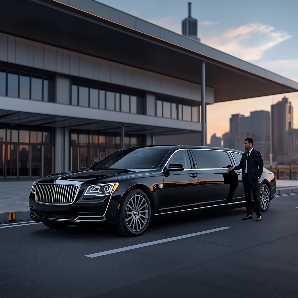 lucid origin a luxury black limousine parked near a modern airport terminal in the united sta 0